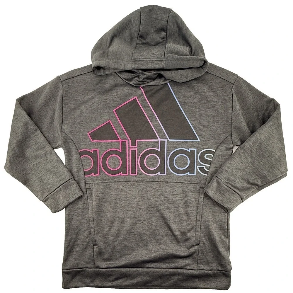 Adidas Youth Unisex Hoodie Size Large Gray Pink‎ Blue Logo Pullover Pockets